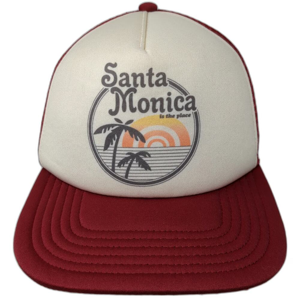 Mad Engine Santa Monica Palm Trees Sunset Trucker Hat Red One Size Snapback